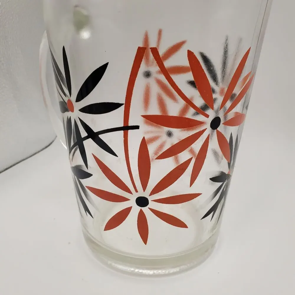 Mid-Century Modern Anchor Hocking Pitcher – Coral Pink & Black Atomic Floral